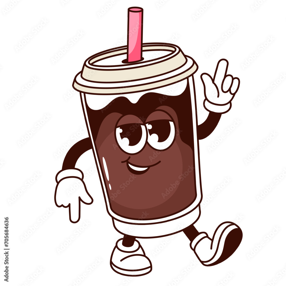 Groovy cartoon cup character with cold coffee and straw. Funny plastic container with coffee or milk chocolate walking, retro summer drink mascot, cartoon sticker of 60s 70s style vector illustration Groovy cartoon cup character with cold coffee and straw. Funny plastic container with coffee or milk chocolate walking, retro summer drink mascot, cartoon sticker of 60s 70s style vector illustration