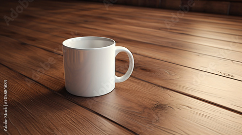 A white cup on a wooden surface
