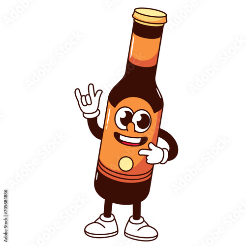 Groovy cartoon beer glass bottle character with rock band gesture. Funny brown alcohol drink, retro Oktoberfest mascot, craft lager beer or ale cartoon sticker of 60s 70s style vector illustration