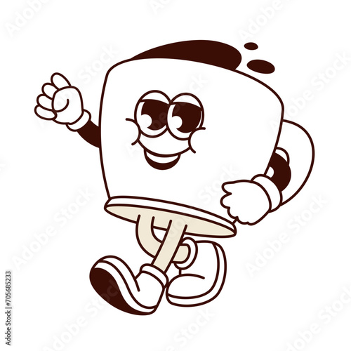 Groovy cartoon coffee cup character walking. Funny mug for coffee or tea break, retro mascot with arms and legs, happy face. Cartoon hot breakfast drink sticker of 60s 70s style vector illustration