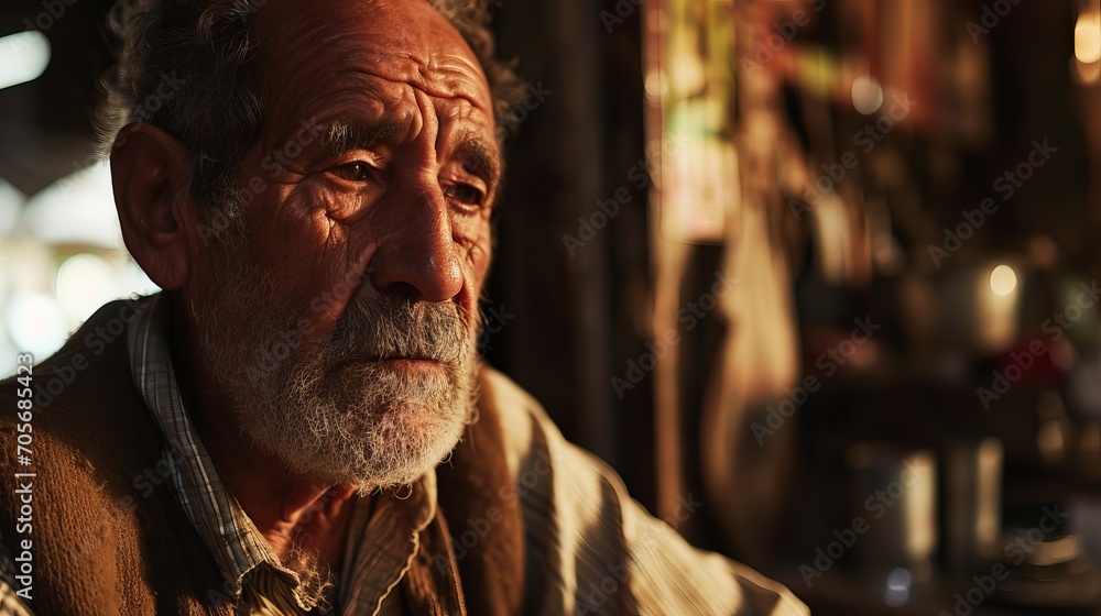 Elderly Man in Warm Light, Sitting Indoors with Blurred Background