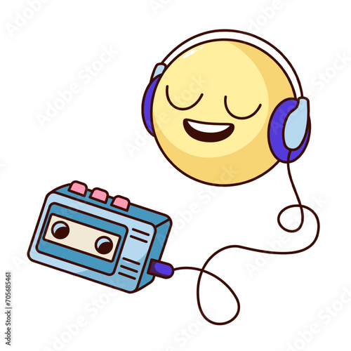 GGroovy cartoon emoji with headphones listening music in retro player. Funny yellow ball character hearing disco album on audio cassette, mascot and cartoon sticker of 70s 80s style vector illustratio