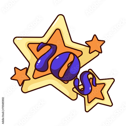 Groovy cartoon sticker with 70s lettering and stars. Funny retro mascot of disco music and hippy decade, typography badge with blue bubble font, cartoon sticker of 70s style vector illustration