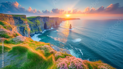Fotografia fantastic typical Irish landscape, with green hills and cliffs by the sea, St
