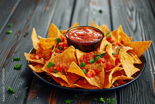 Close up of delicious crispy tortilla chips served with sauce on a stylish blue plate photo