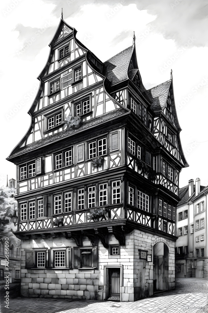 Drawing with a half-timbered house. Beautiful old European architecture.
