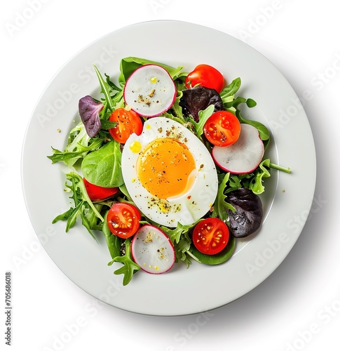Fresh and nutritious breakfast salad with sunny side up egg, cherry tomatoes, mixed greens on a white plate