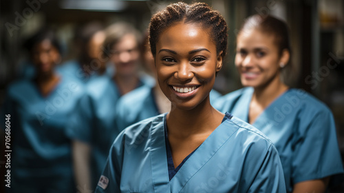 Female doctor. African American nurse working in hospital. Group of nurses in medical clinic hallway.  Health professionals in a hospital. Group of co-workers in the field of medicine and health. 