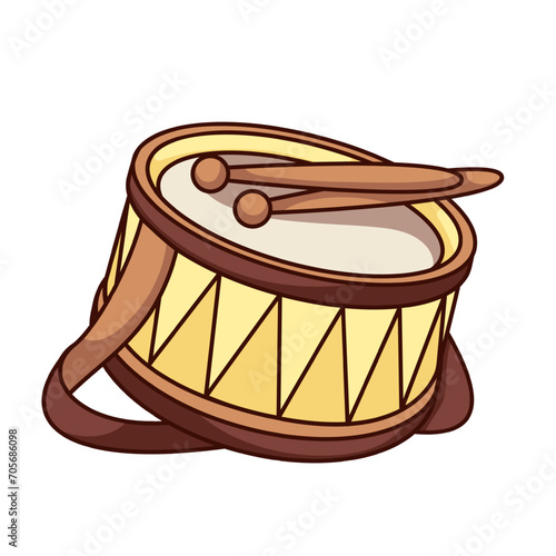 Groovy cartoon drum with drumsticks. Funny musical instrument with sticks to play rhythm, retro percussion acoustic music mascot, festive drum cartoon sticker of 70s 80s style vector illustration