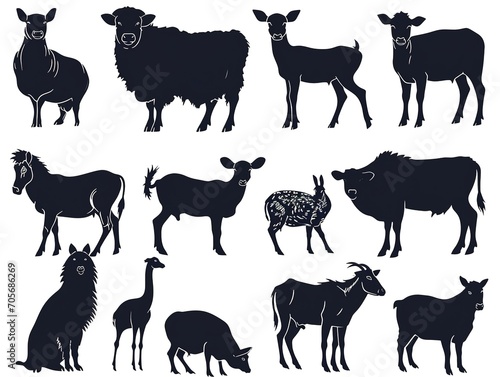 Farm animals and wildlife silhouettes - peaceful gathering of goats  birds and rabbits among nature