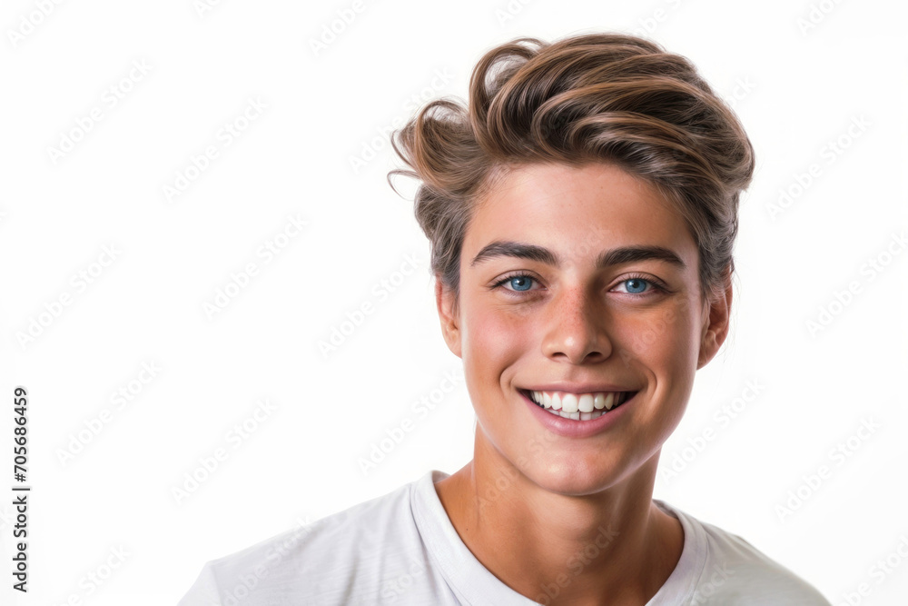 A bright and engaging studio portrait of a young white American male model, showcasing a joyful smile with perfect teeth, casual yet stylish attire A bright and engaging studio portrait of a young white American male model, showcasing a joyful smile with perfect teeth, casual yet stylish attire