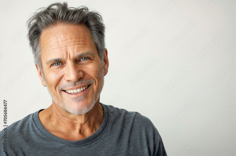 A bright and engaging studio portrait of a 55 age white American male model, showcasing a joyful smile with perfect teeth, casual yet stylish attire A bright and engaging studio portrait of a 55 age white American male model, showcasing a joyful smile with perfect teeth, casual yet stylish attire
