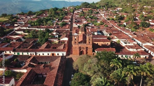 Aerial view of heritage town Barichara. Historic city in Santander department with cobbled streets and beautiful colonial architecture. The most beautiful town in Colombia.