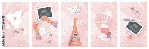 Modern banner about pregnancy and motherhood. A set of cards with a pregnant woman, an ultrasound picture, a positive pregnancy test. Flat cartoon vector illustration.