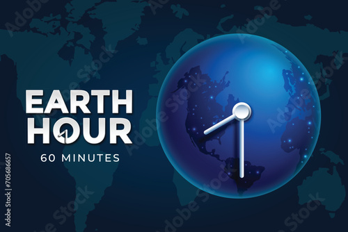 vector realistic earth hour illustration with planet and clock