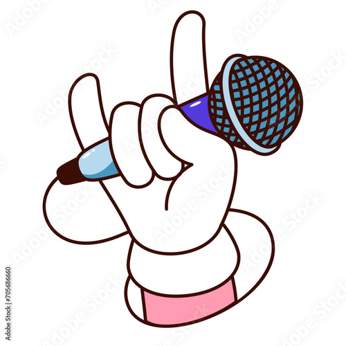 Groovy cartoon hand with microphone and rock band gesture. Funny arm of rocker with mic and horn fingers, retro rock and roll concert mascot and cartoon sticker of 70s 80s style vector illustration