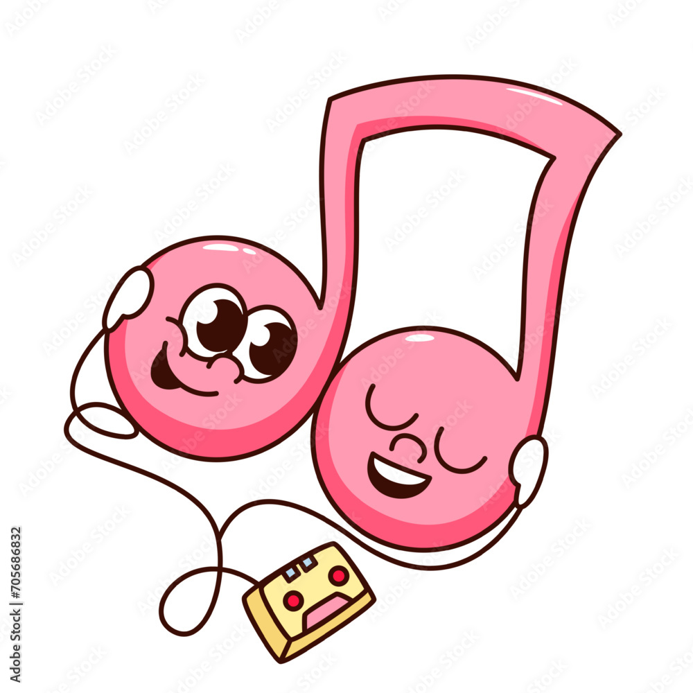 Groovy cartoon musical note characters in headphones listen to music ...