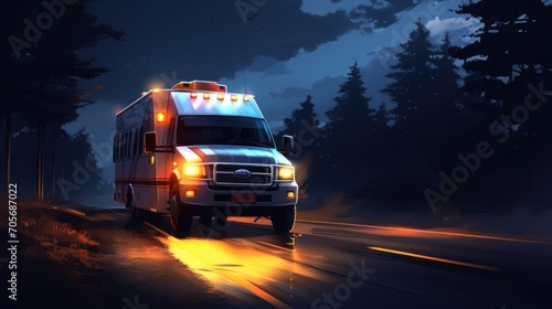 Ambulance driving on the road at night dramatic view. AI generated image