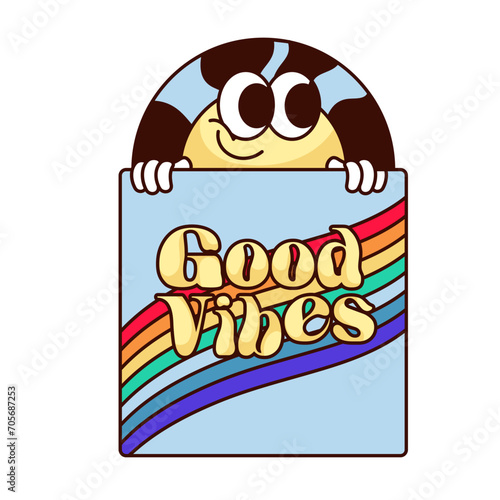 Groovy cartoon vinyl record character peeking out of packaging. Funny retro package with hippy slogan Good Vibes and rainbow. LP record mascot, cartoon sticker of 70s 80s style vector illustration