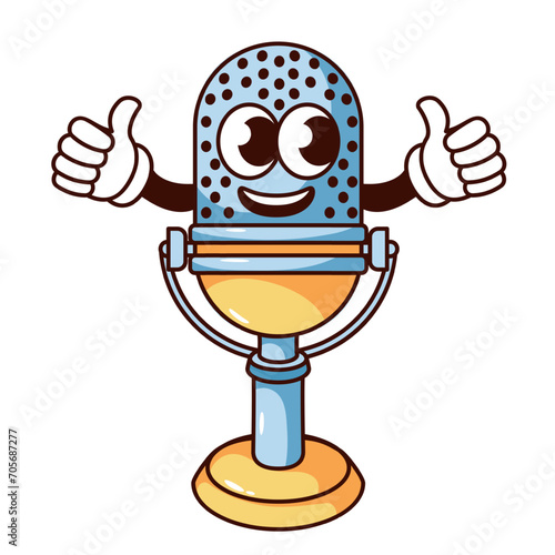Groovy cartoon microphone character with thumbs up. Funny old mic on stand, retro music podcast and radio sound mascot, classic studio microphone cartoon sticker of 70s 80s style vector illustration