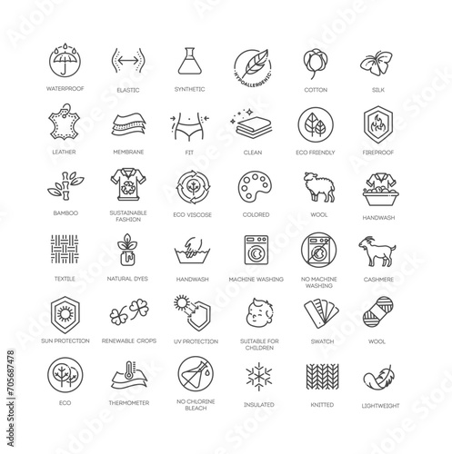Set of fabric features icons. Line art style icons bundle. vector illustration