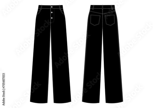 Vector fashion technical drawing of a high rise denim pants with contrast stitching. Wide legged pants. Silver metal buttons. Woven fabric. 
