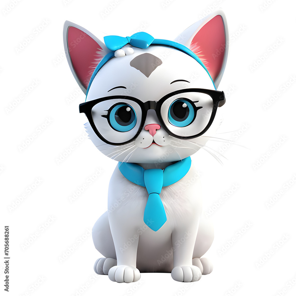 3D White Cat Wearing Glasses