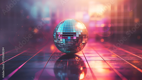 Neon glow on mirror ball, retro vibe meets modern party. Disco sphere on vibrant grid, night club nostalgia. Glowing disco ball in neon, dance floor's radiant star