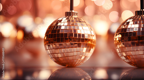 Gleaming disco balls with warm bokeh, festive peach fuzz mood setter. Shiny mirror spheres reflecting light, party decor closeup. Illuminated dance balls, sparkling with golden glow