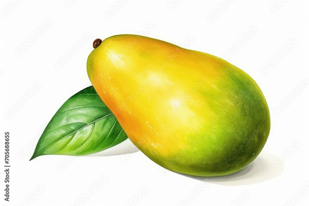 Ripe Mango Fruit With Fresh Green Leaves on a White Background Ripe Mango Fruit With Fresh Green Leaves on a White Background
