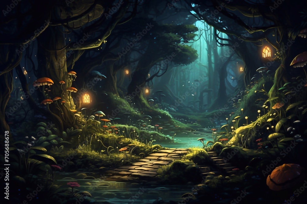 Forest illustration computer painting chalk drawing fantasy color cartoon scene