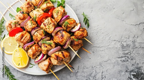 Chicken kebab skewers on a plate over light grey slate, stone or concrete background . Top view with copy space. 