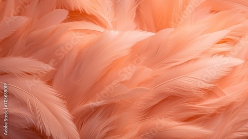 Feathers closeup of trend color of the year 2024 peach fuzz, background texture.
