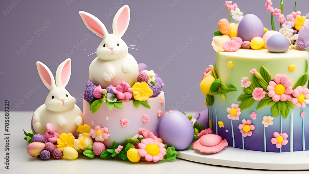 An Easter cake decorated with lavish fondant eggs, flowers, chicks, bunnies and butterflies An Easter cake decorated with lavish fondant eggs, flowers, chicks, bunnies and butterflies