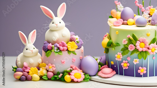 An Easter cake decorated with lavish fondant eggs, flowers, chicks, bunnies and butterflies © Sanam