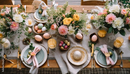 Elevate Your Easter Celebration: A Stylish Brunch Table adorned with Eggs, Flowers, Bunnies, and Pastel Tableware