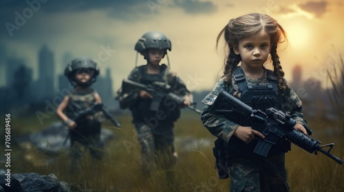 Military children on the battlefield Military operations war concept. AI generated image photo