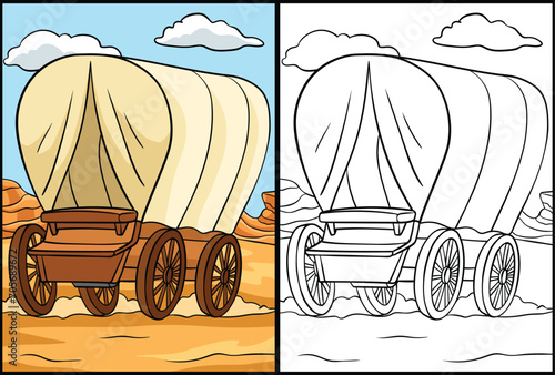 Cowboy Covered Wagon Coloring Page Illustration
