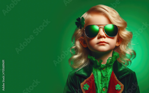 Portrait of cute child, kid, boy with sunglasses, green clover flower on a solid green background. Concept of St Patrick's day. Copy space for text, advertising, message