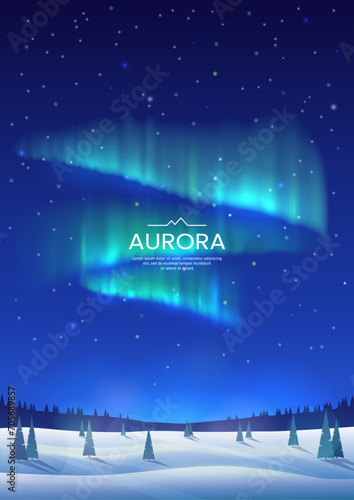 The aurora borealis in the sky at night. Bright aurora borealis. Winter landscape in the northern regions. Snowy valley. Spruce trees in snowdrifts. Vector image. Design background, poster, postcard.