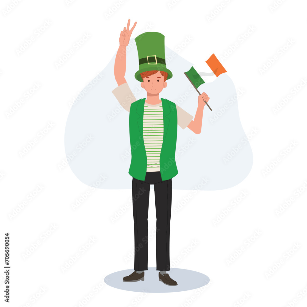 St Patricks Day Celebration. Jovial Man with Irish Flag in Green Outfit. St Patricks Day Celebration. Jovial Man with Irish Flag in Green Outfit.