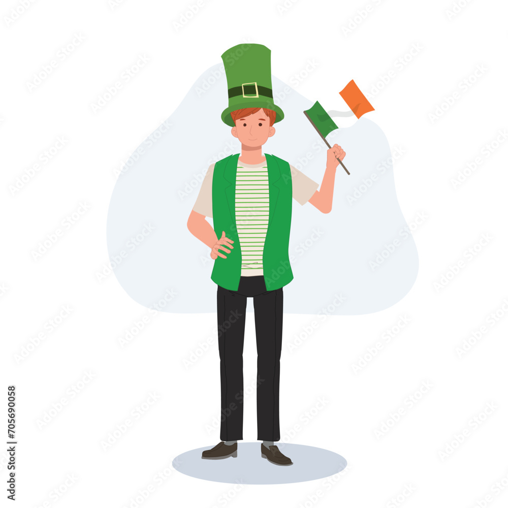 St Patricks Day Celebration. Jovial Man with Irish Flag in Green Outfit. St Patricks Day Celebration. Jovial Man with Irish Flag in Green Outfit.
