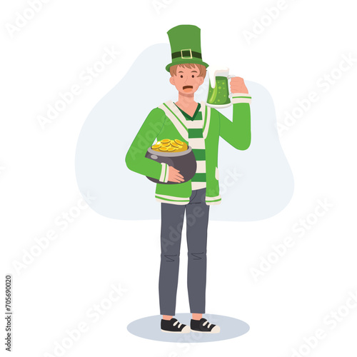 St Patrick's Day Celebration with Green Beer. Smiling Man Celebrating with Green Beer