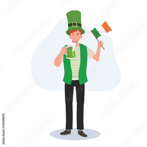 St Patrick's Day Celebration with Green Beer. Smiling Man Celebrating with Green Beer