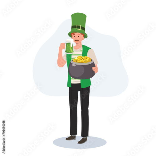 St Patrick's Day Celebration with Green Beer. Smiling Man Celebrating with Green Beer