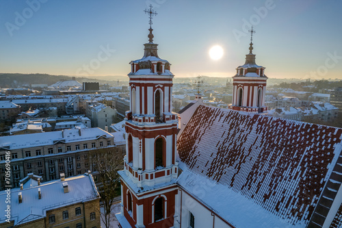 Aerial winter morning sunrise view of cold frozen snowy Vilnius, Lithuania