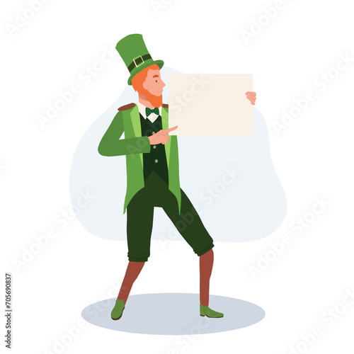 St Patrick's Day Celebration. Cheerful Man in Leprechaun Costume holding blank sign