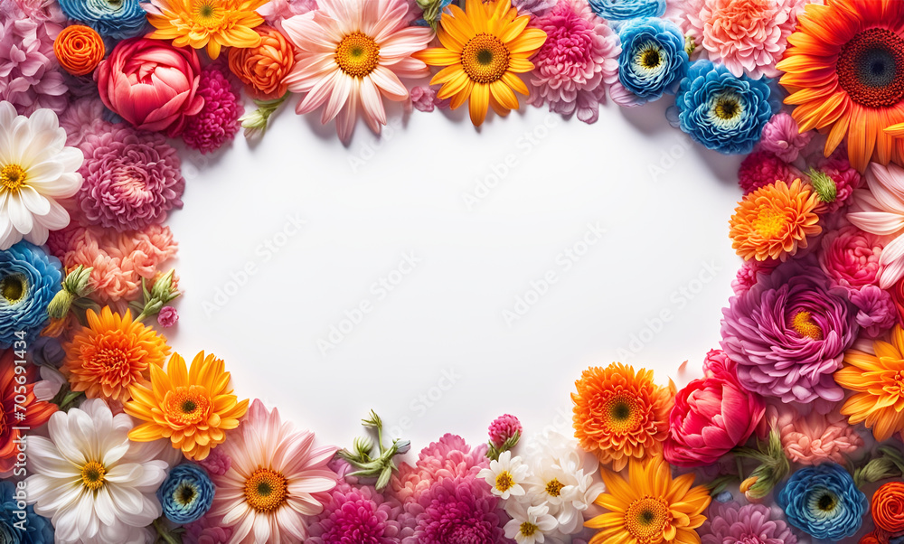 Fototapeta premium frischer Rahmen aus bunten Blumen Blüten des Frühling und Sommer voller Kraft und Farbe als Dekoration Hintergründe Vorlagen sommerlich leichte Gefühle florale Grußkarte Papier freier Raum im Zentrum