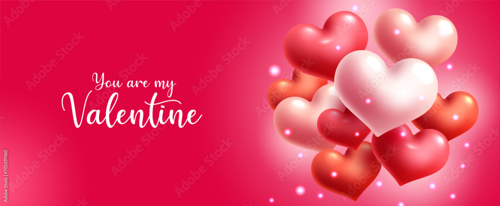 Valentine's Day 3d realistic heart design. Red, pink, orange with red background for celebration. Romantic background. 3d Vector Illustration