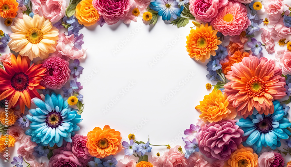 Obraz premium frischer Rahmen aus bunten Blumen Blüten des Frühling und Sommer voller Kraft und Farbe als Dekoration Hintergründe Vorlagen sommerlich leichte Gefühle florale Grußkarte Papier freier Raum im Zentrum